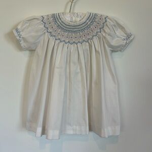 Vintage baby smocked dress white with baby blue and pink detail